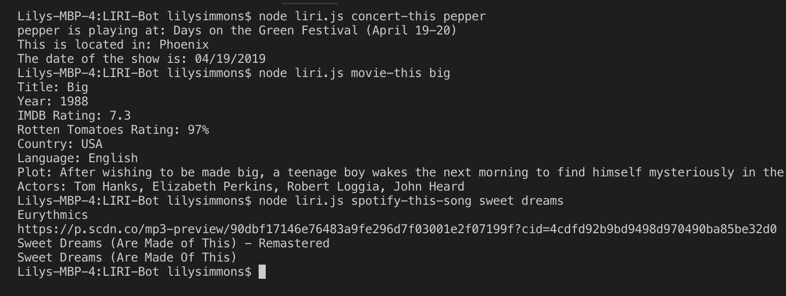 Screenshot of LIRI command line application